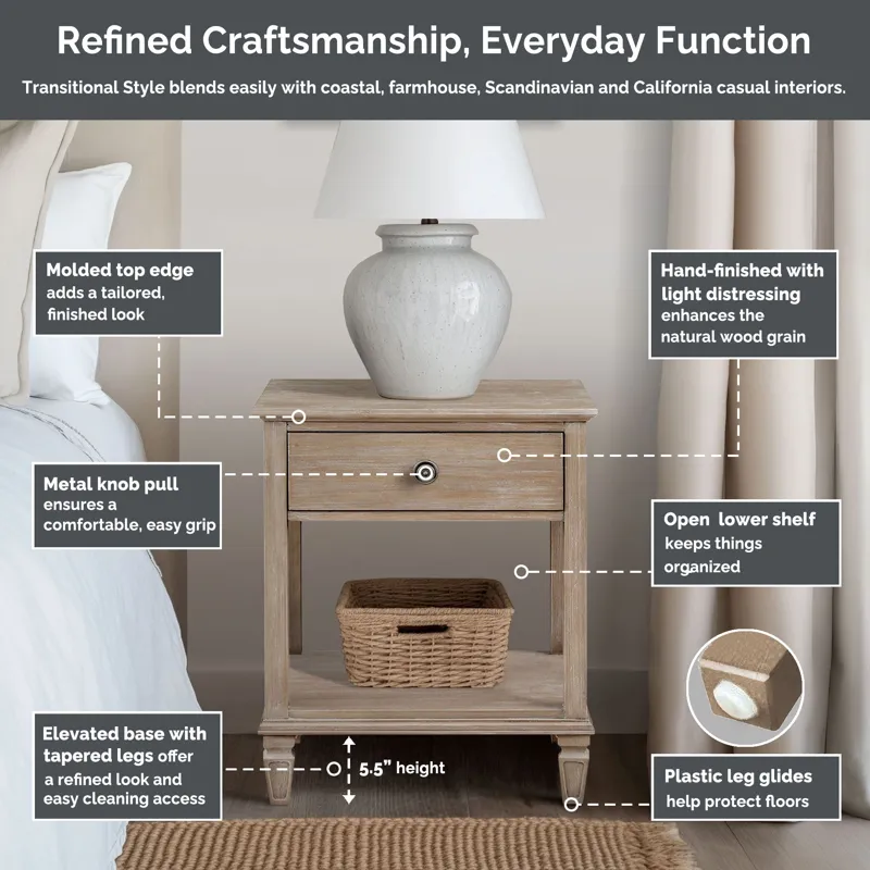 Victoria one-drawer wood bedside table with shelf - Antique Cream