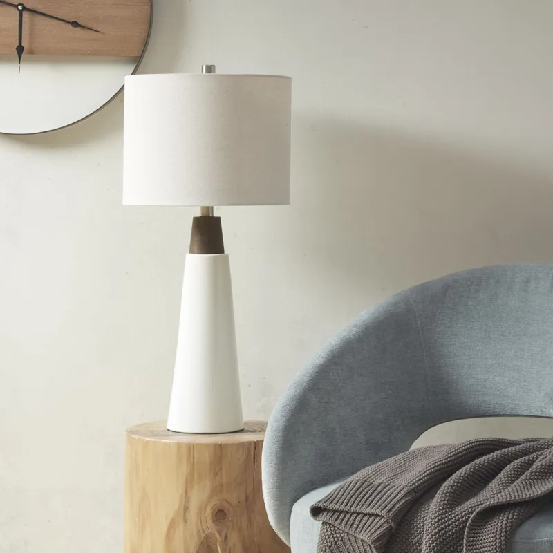 Tristan Triangular Ceramic and Wood Table Lamp - White Base/Cream Shade
