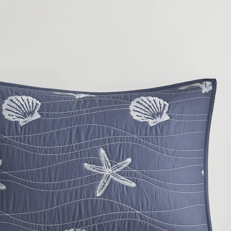 Harbor House Blue Seaside 4 Piece Cotton Reversible Embroidered Quilt Set with Throw Pillow