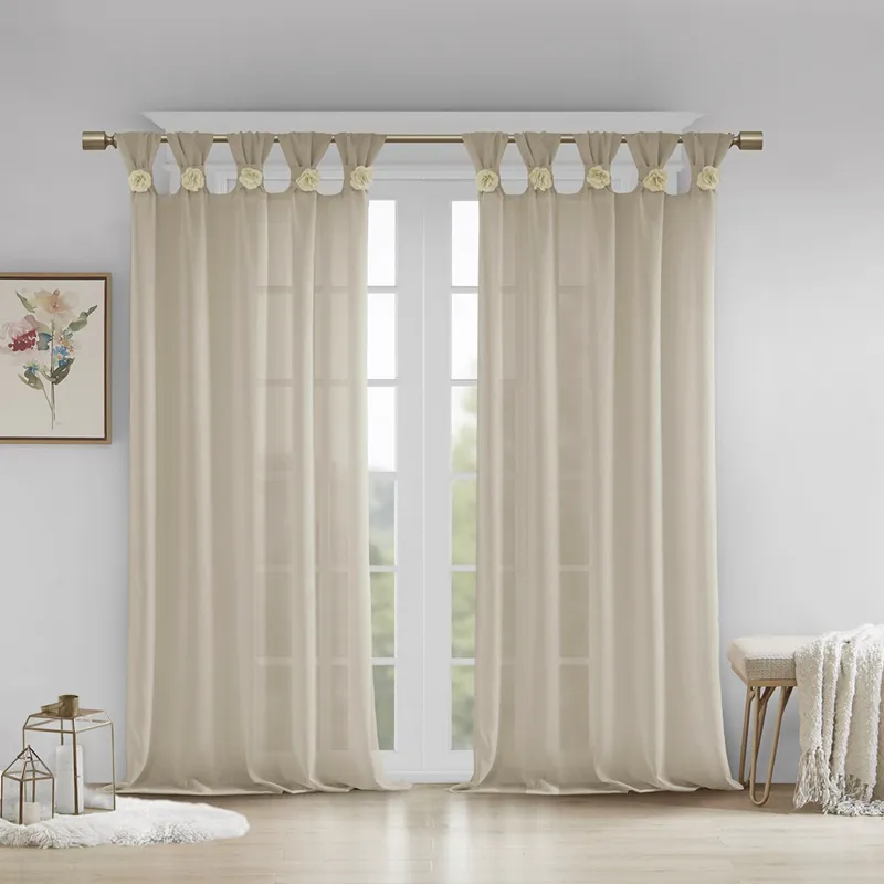 Madison Park Rosette Floral Embellished Cuff Tab Top Solid Curtain Panel