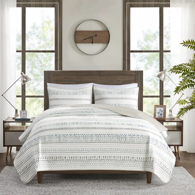 Fraser King/California King 3 Piece Printed Microfiber Seersucker Quilt Set - Taupe/Blue