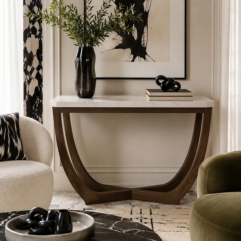 Nicole Miller Calvedra Curve Marble-Look Console Table with Curved Walnut Wood Legs - White Marble/Walnut