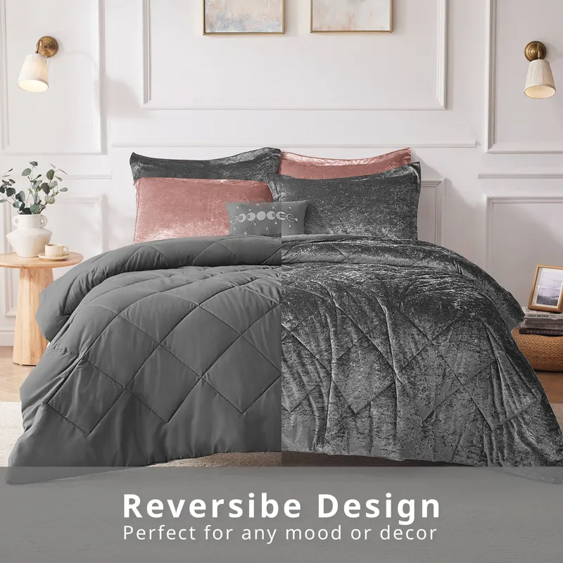 Felicia King/California King Velvet Comforter Set with Throw Pillow - Grey