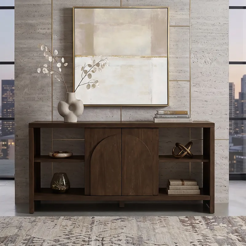 Nicole Miller Bellcourt Arch Media Console with Arched Door Storage & Open Shelves - Walnut Brown