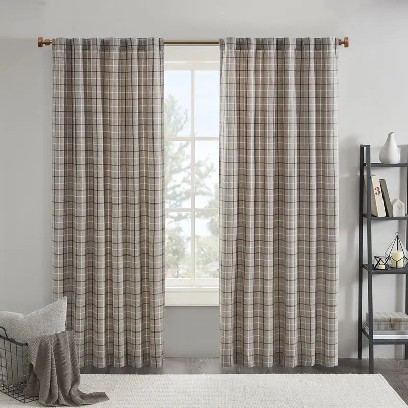 Anaheim Plaid Rod Pocket and Back Tab Curtain Panel with Fleece Lining - Brown
