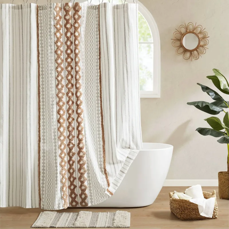 INK+IVY Imani Cotton Printed Shower Curtain with Chenille