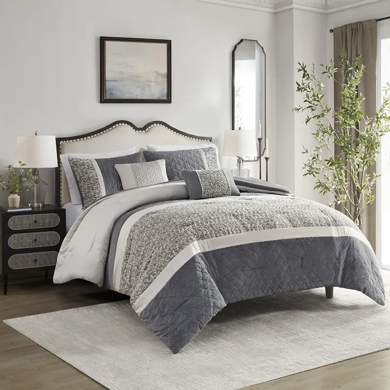 Madison Park Amelia 5 Piece Textured Jacquard Stripe Comforter Set with Throw Pillows - King/California King - Grey