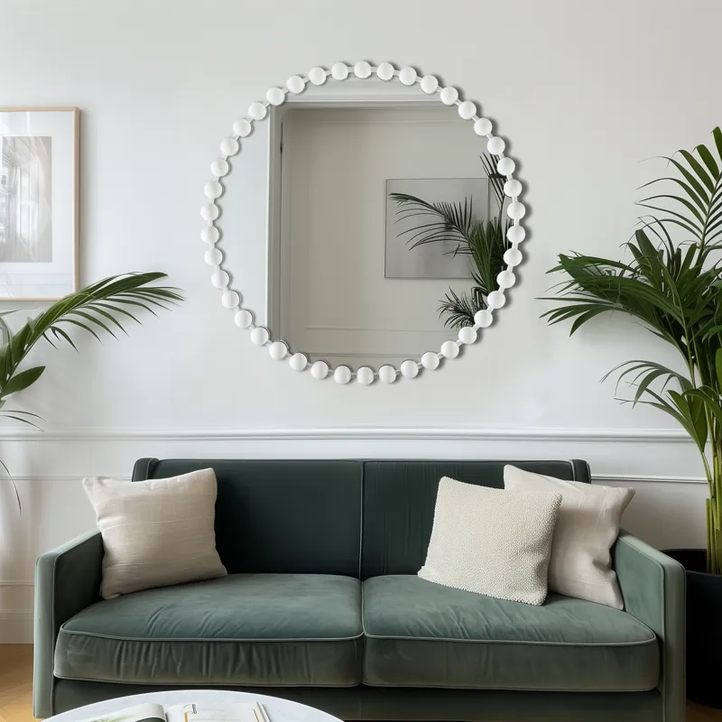 Marlowe Mirror 36\" Large Decorative Round Wall Mirror with Beaded Metal Frame - White