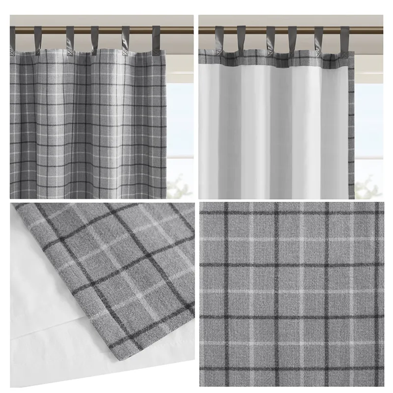 Anaheim Plaid Faux Leather Tab Top Curtain Panel with Fleece Lining - Grey