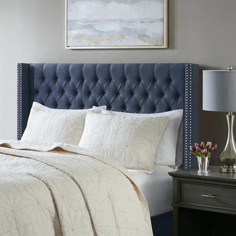Amelia Queen Upholstered Wingback Headboard with Button Tufting & Nailhead Trim - Navy