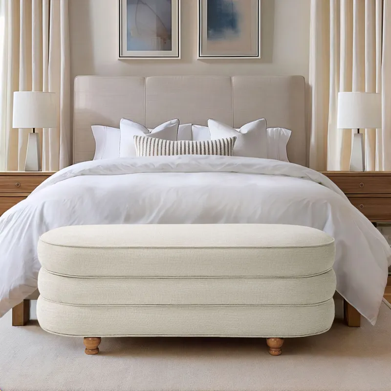 Madison Park Kylan Oval Channel Storage Bench with Wooden Ball Feet - Cream