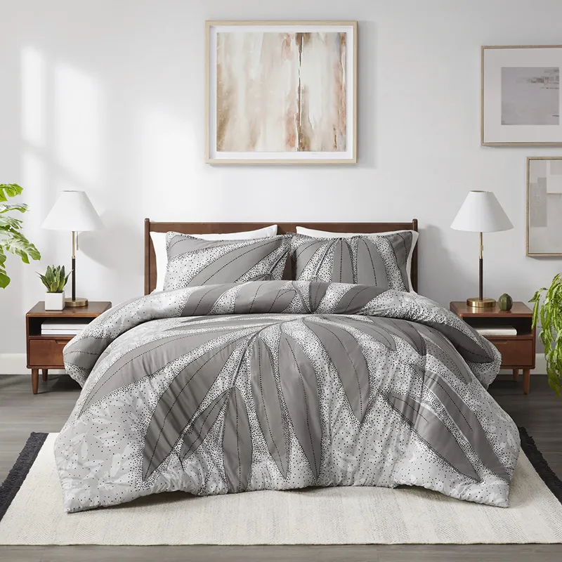 Adrian Full/Queen Botanical Cotton Duvet Cover Set - Gray