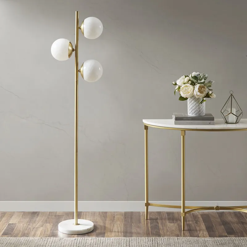 Holloway 3-Globe Light Floor Lamp with Marble Base - White/Gold