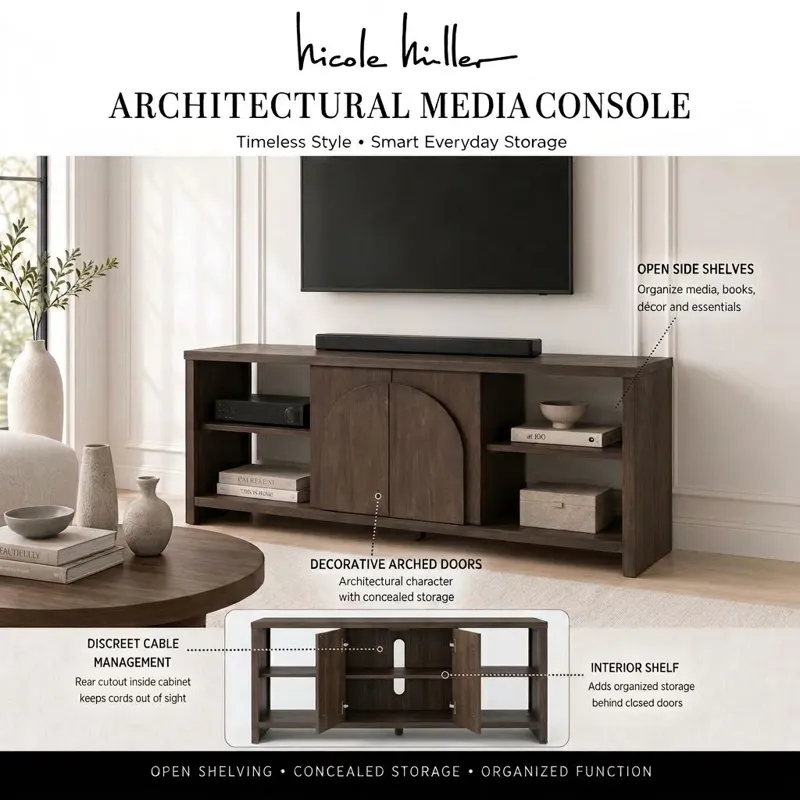 Nicole Miller Bellcourt Arch Media Console with Arched Door Storage & Open Shelves - Walnut Brown