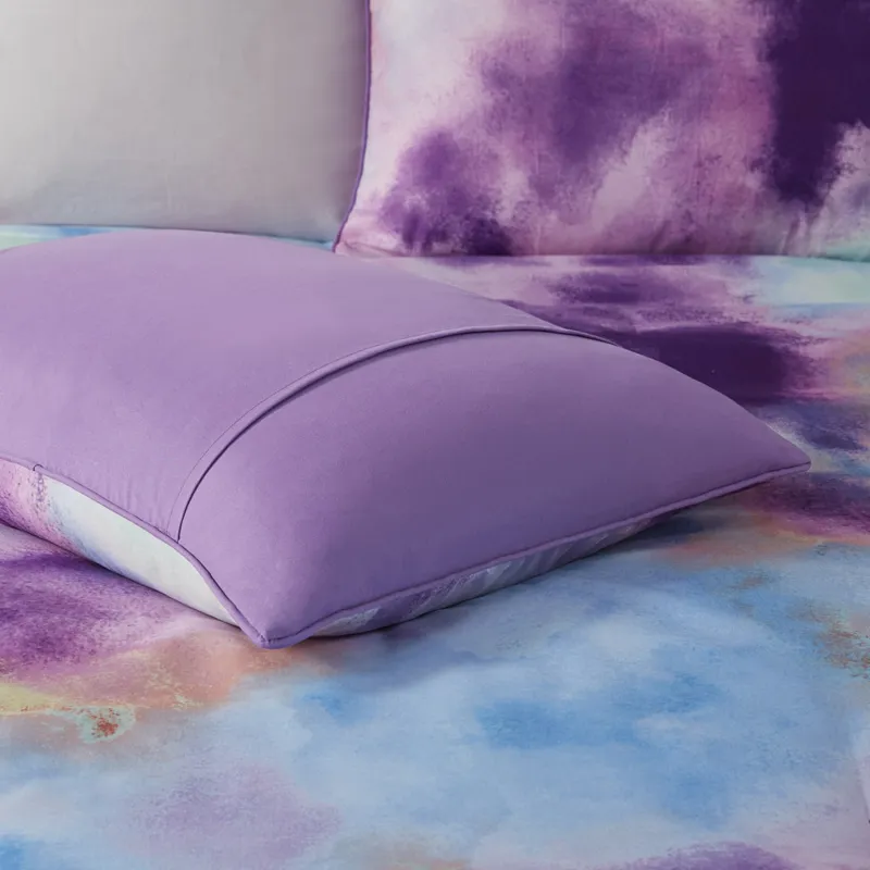 Cassiopeia Full/Queen Watercolor Tie Dye Printed Comforter Set with Throw Pillow - Lavender