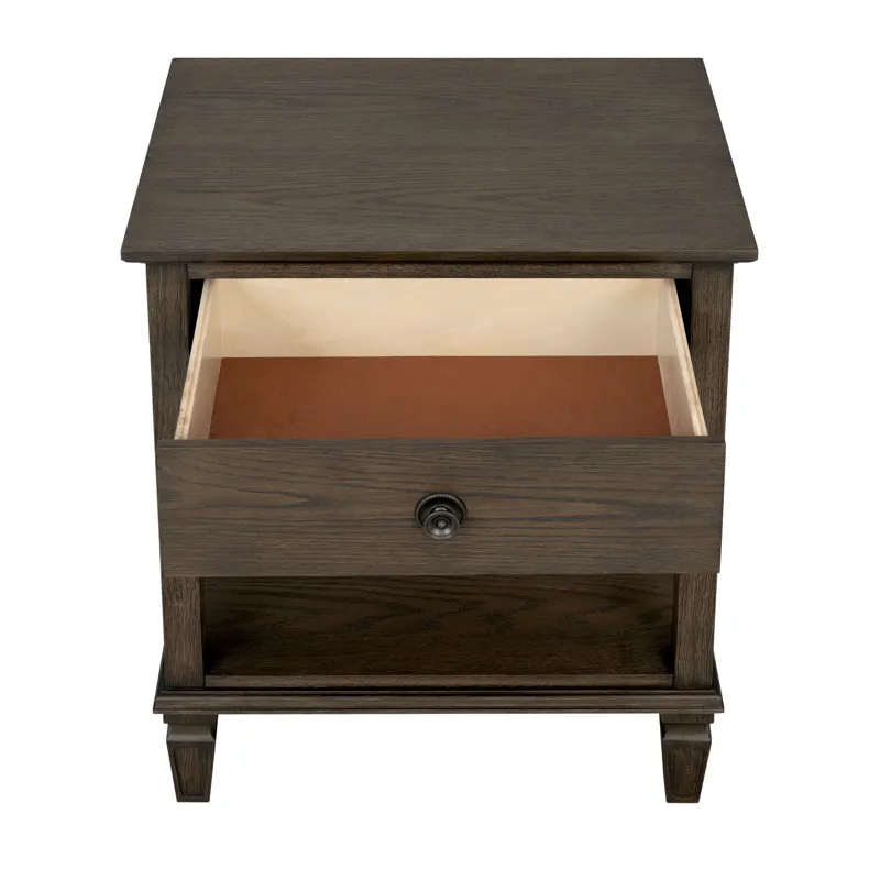 Victoria one-drawer wood bedside table with shelf - Antique Brown