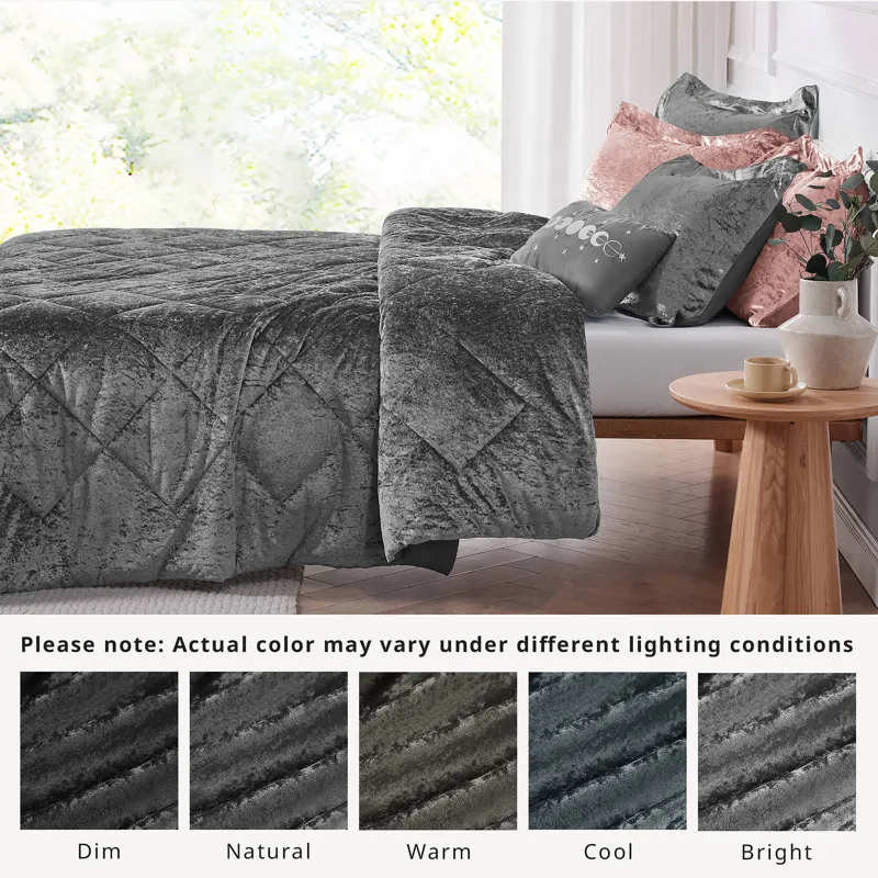 Felicia King/California King Velvet Comforter Set with Throw Pillow - Grey