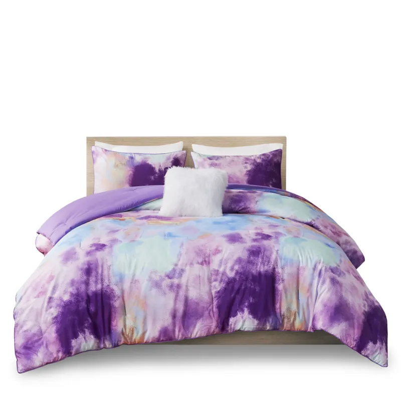 Cassiopeia Full/Queen Watercolor Tie Dye Printed Comforter Set with Throw Pillow - Lavender