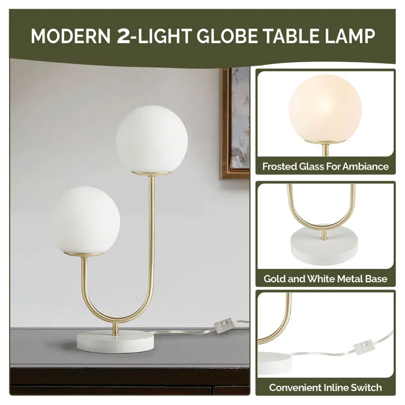 Zusa Metal 2-Light Globe Table Lamp - Gold/White