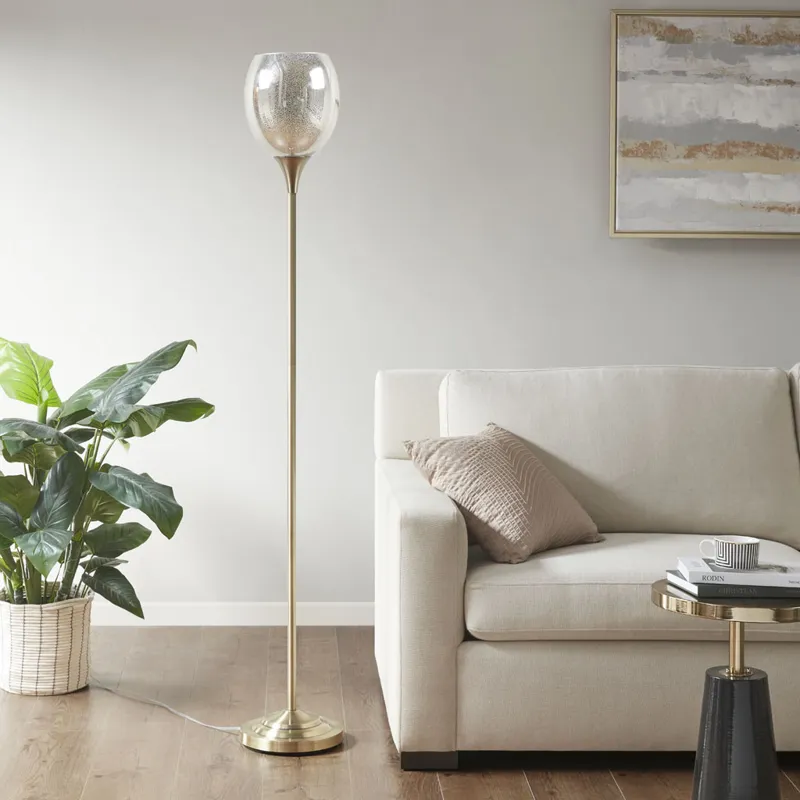 Bellow Uplight Floor Lamp with Mercury Glass Shade - Antique Brass
