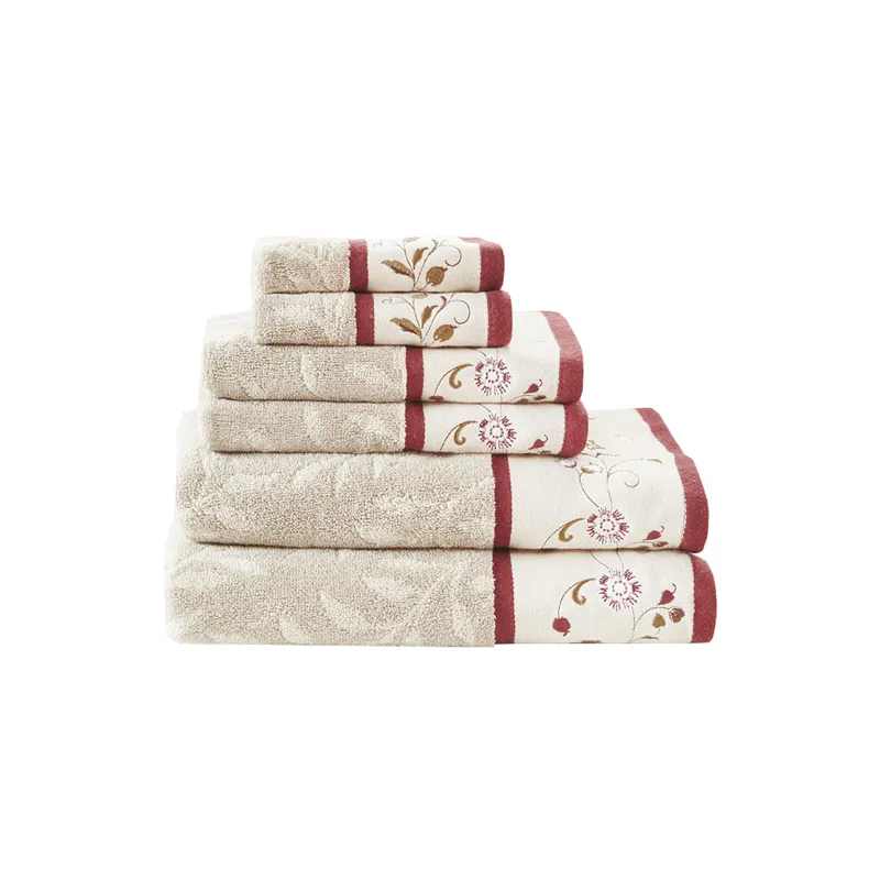 Serene Embroidered Cotton Jacquard 6 Piece Towel Set - Red