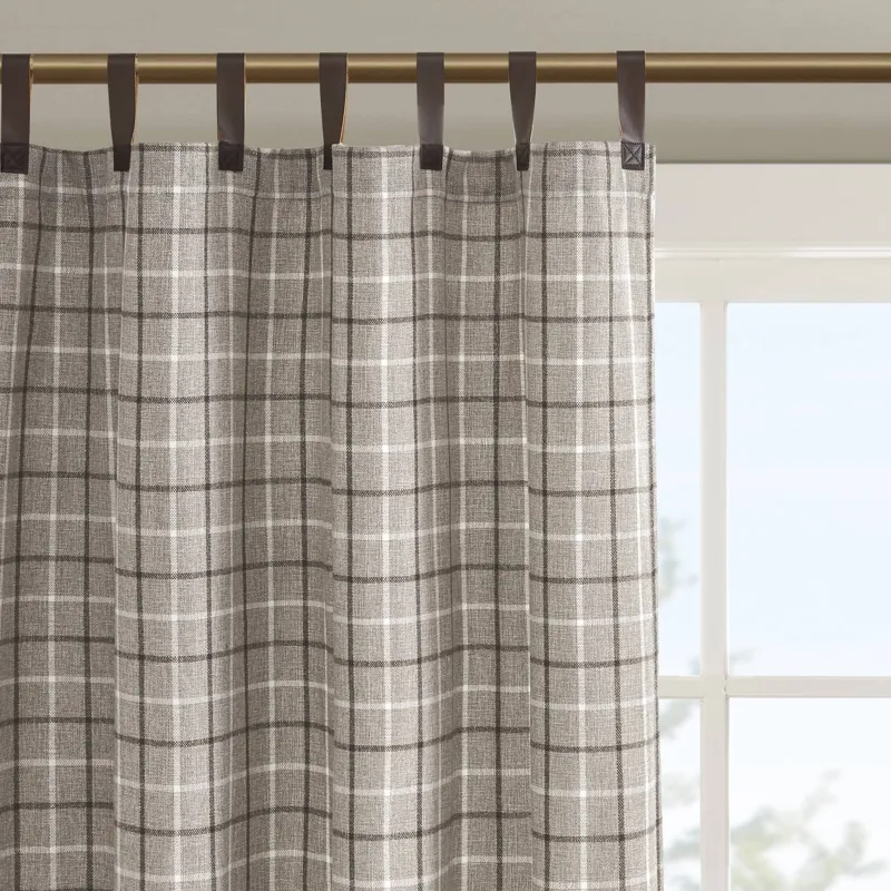 Madison Park Anaheim Plaid Faux Leather Tab Top Curtain Panel with Fleece Lining