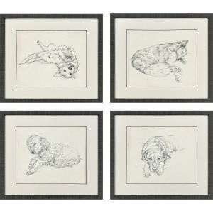 Antique Dog Sketch S/4 Framed Art