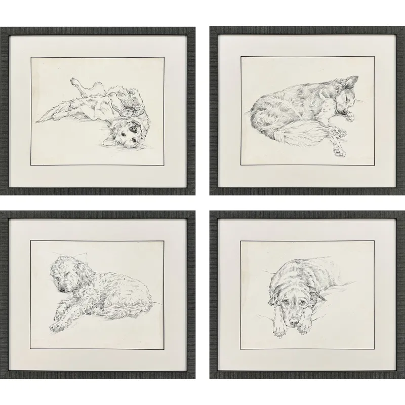 Antique Dog Sketch S/4 Framed Art