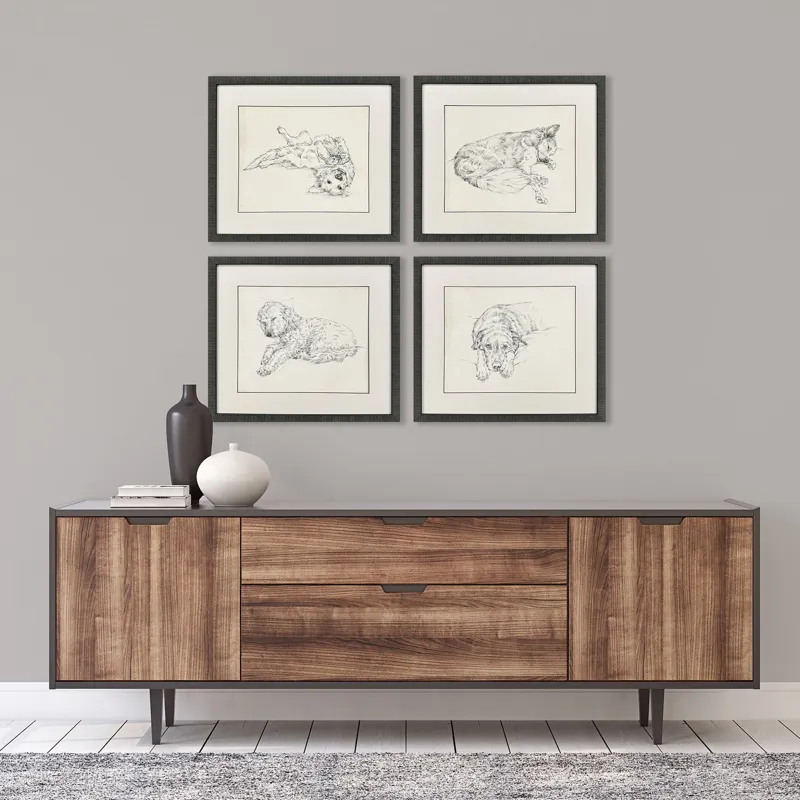 Antique Dog Sketch S/4 Framed Art