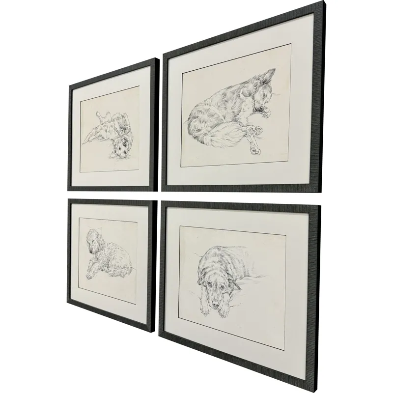 Antique Dog Sketch S/4 Framed Art