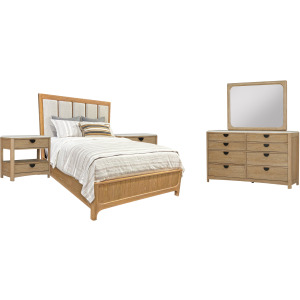 Escape Bedroom Queen Panel Bed 2 Nightstands and Dresser with Mirror