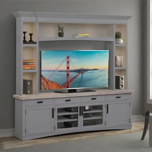 Americana Modern Dove 92 Inch TV Console with Hutch and LED Lights