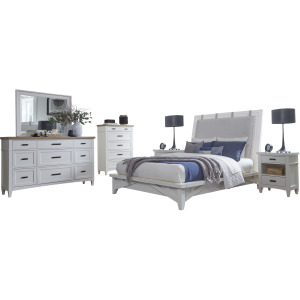 Americana Modern Bedroom King Platform Bed 2 Nightstands Dresser with Mirror and Chest