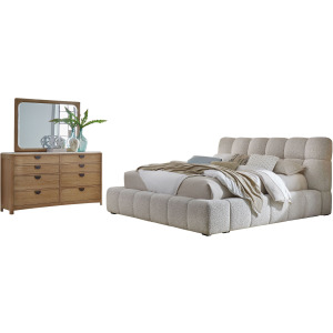 Escape Bedroom King Upholstered Bed with Dresser and Mirror