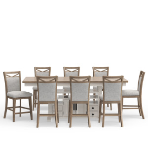 Americana Modern Dining Island Counter Height Table with 8 upholstered chairs