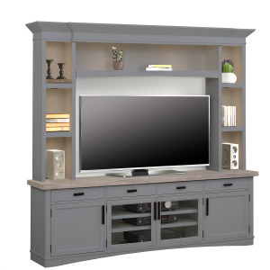 Americana Modern Dove 92 Inch TV Console with Hutch and LED Lights