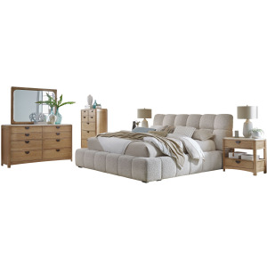 Escape Bedroom King Upholstered Bed 2 Nightstands Dresser with Mirror and Chest