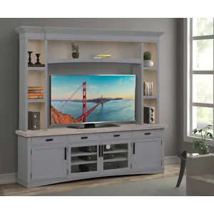 Americana Modern Dove 92 Inch TV Console with Hutch and LED Lights