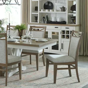 Americana Modern Dining Extendable Trestle Table with 8 Upholstered Chairs
