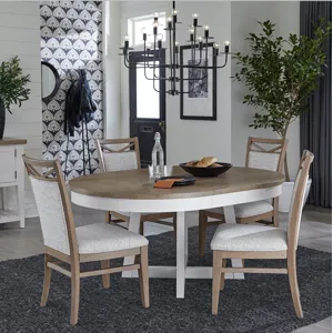Americana Modern Dining 48 inch Round Extendable Dining Table and 4 Upholstered Chairs