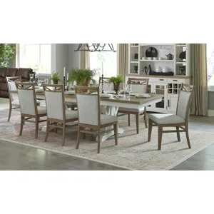 Americana Modern Dining Extendable Trestle Table with 8 Upholstered Chairs
