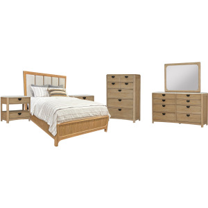 Escape Bedroom Queen Panel Bed 2 Nightstands Dresser with Mirror and Chest