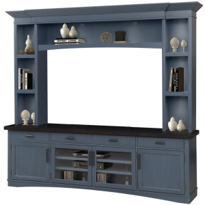 Americana Modern Denim 92 Inch TV Console with Hutch and LED Lights