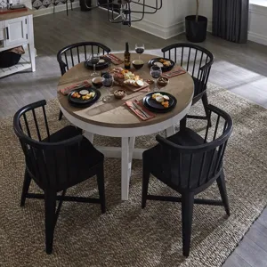 Americana Modern Dining 48-66 inch Round Dining Table and 4 Black Barrel Chairs