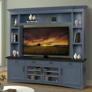 Americana Modern Denim 92 Inch TV Console with Hutch and LED Lights