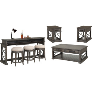 Sundance Smokey Grey Cocktail Table with 2 Chairside Tables and Console Table with 3 Stools