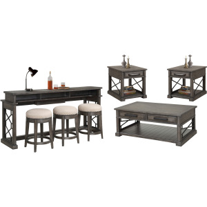 Sundance Smokey Grey Cocktail Table with 2 End Tables and Console Table with 3 Stools