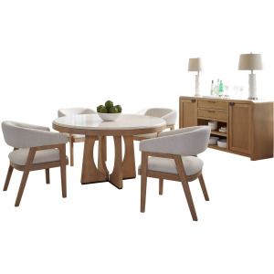 Escape Dining 54 Inch Round Table with Buffet Server and 4 Barrel Chairs