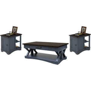 Americana Modern Denim Cocktail Table with 2 Chairside Tables
