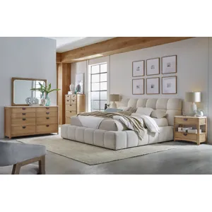 Escape Bedroom King Upholstered Bed 2 Nightstands Dresser with Mirror and Chest